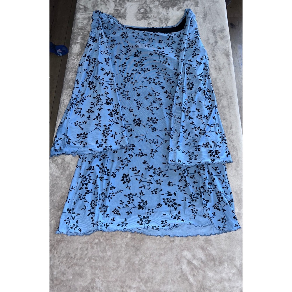 Blue Floral Mesh Long Sleeve Mini Dress Square Neck Lettuce Edge Trim Y2K Style